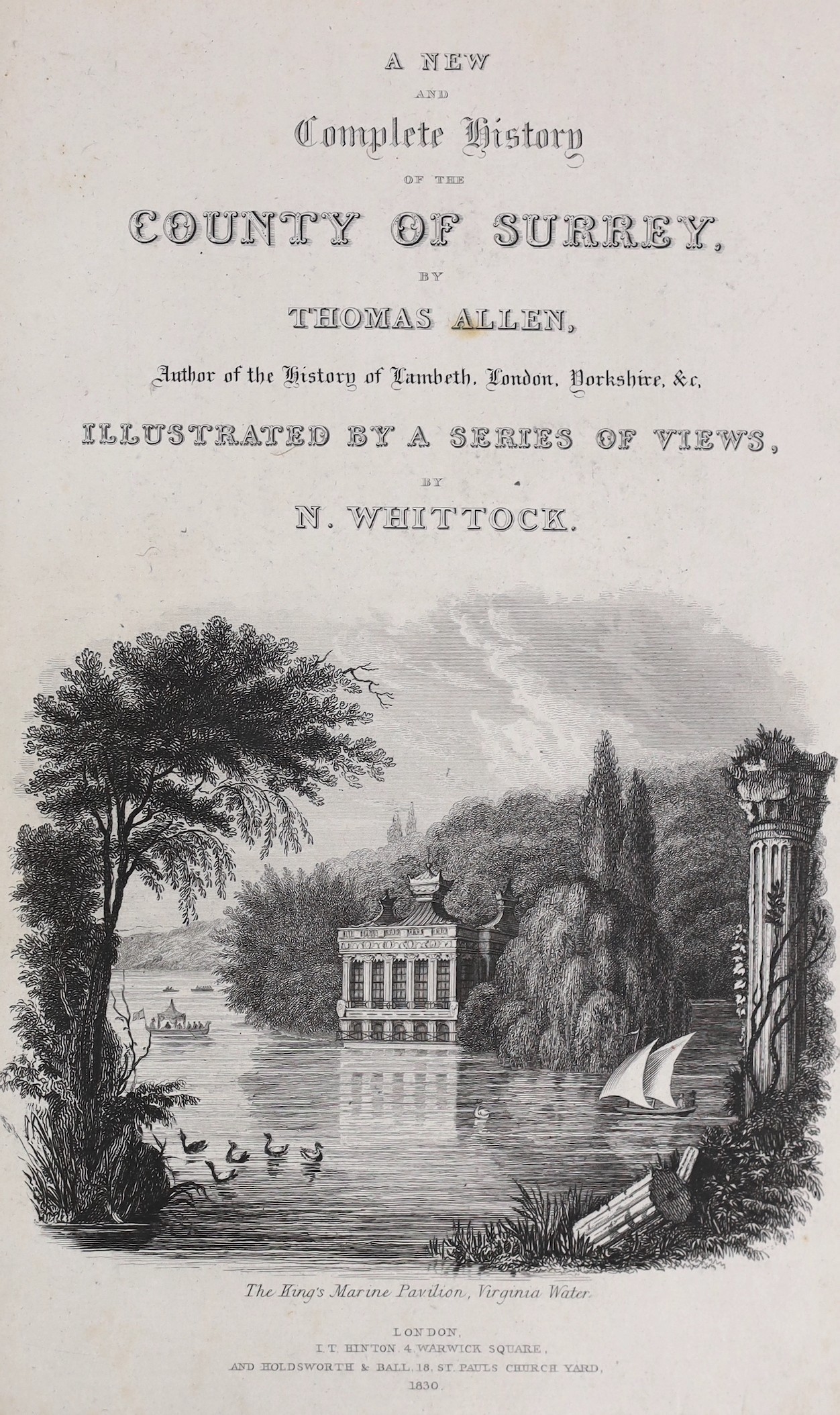 SURREY: Allen, Thomas - A History of the County of Surrey ... 2 vols. pictorial engraved and printed titles and num. plates; 19th cent. red half morocco and marbled boards, gilt tops and marbled e/ps, 4to. 1831. (2)